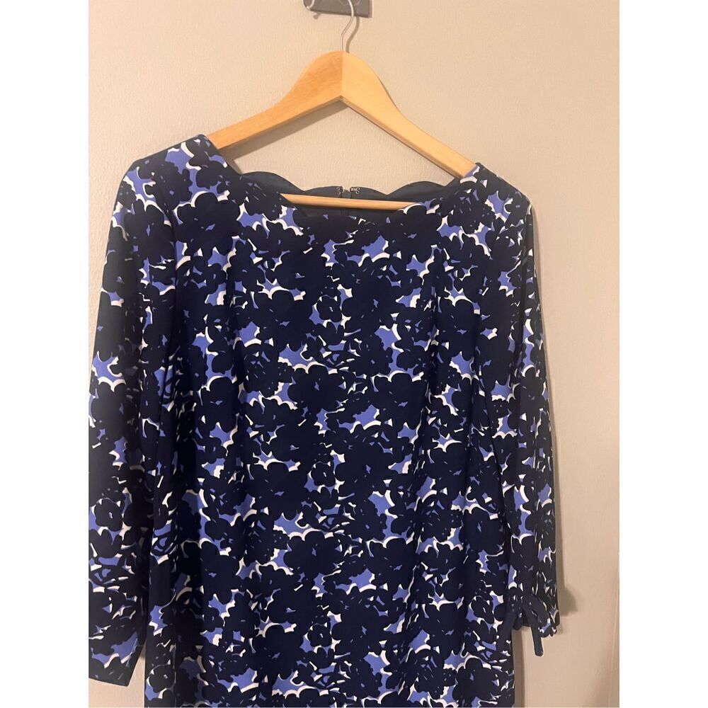 Talbots Women's 10 Scalloped Neck Shift Dress Blue Black Floral 3/4 Bow Sleeves - Picture 5 of 11